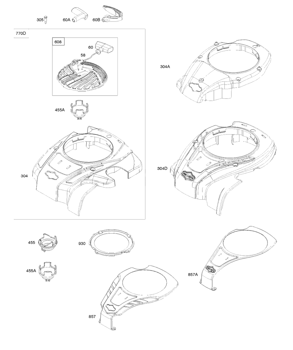 Blower Housing, Rewind Starter Diagram and Parts List for 9P702-0188-H1  Briggs and Stratton Engine